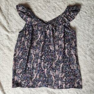 LOFT Navy and Pink Floral Blouse